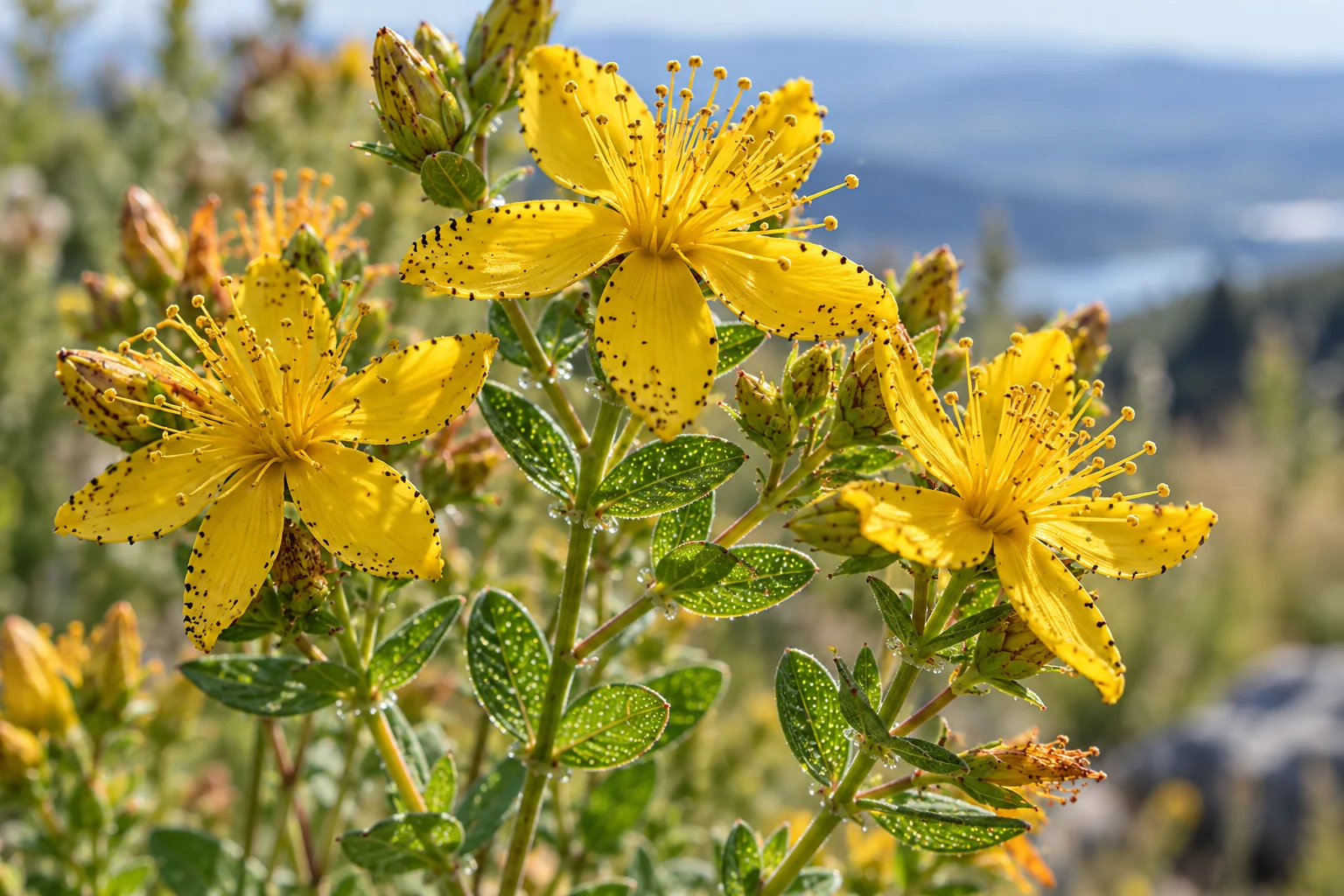 Flores amarillas de hipérico (Hypericum perforatum), con glándulas visibles al trasluz en las hojas