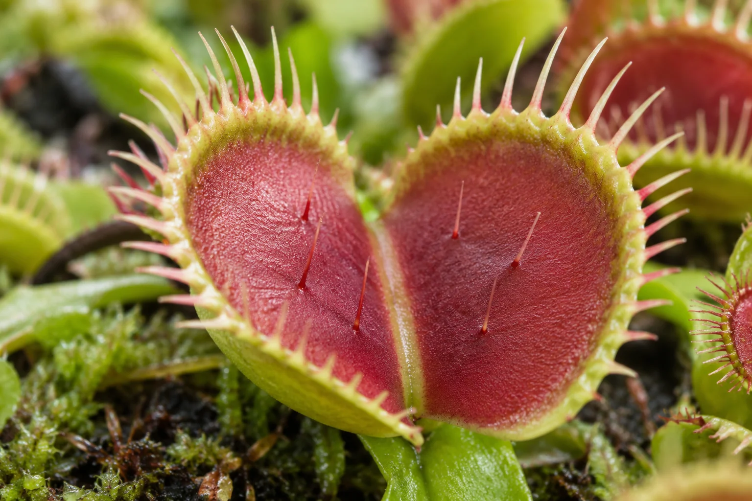 Trampa abierta de Venus atrapamoscas (Dionaea muscipula) con los pelos sensibles visibles
