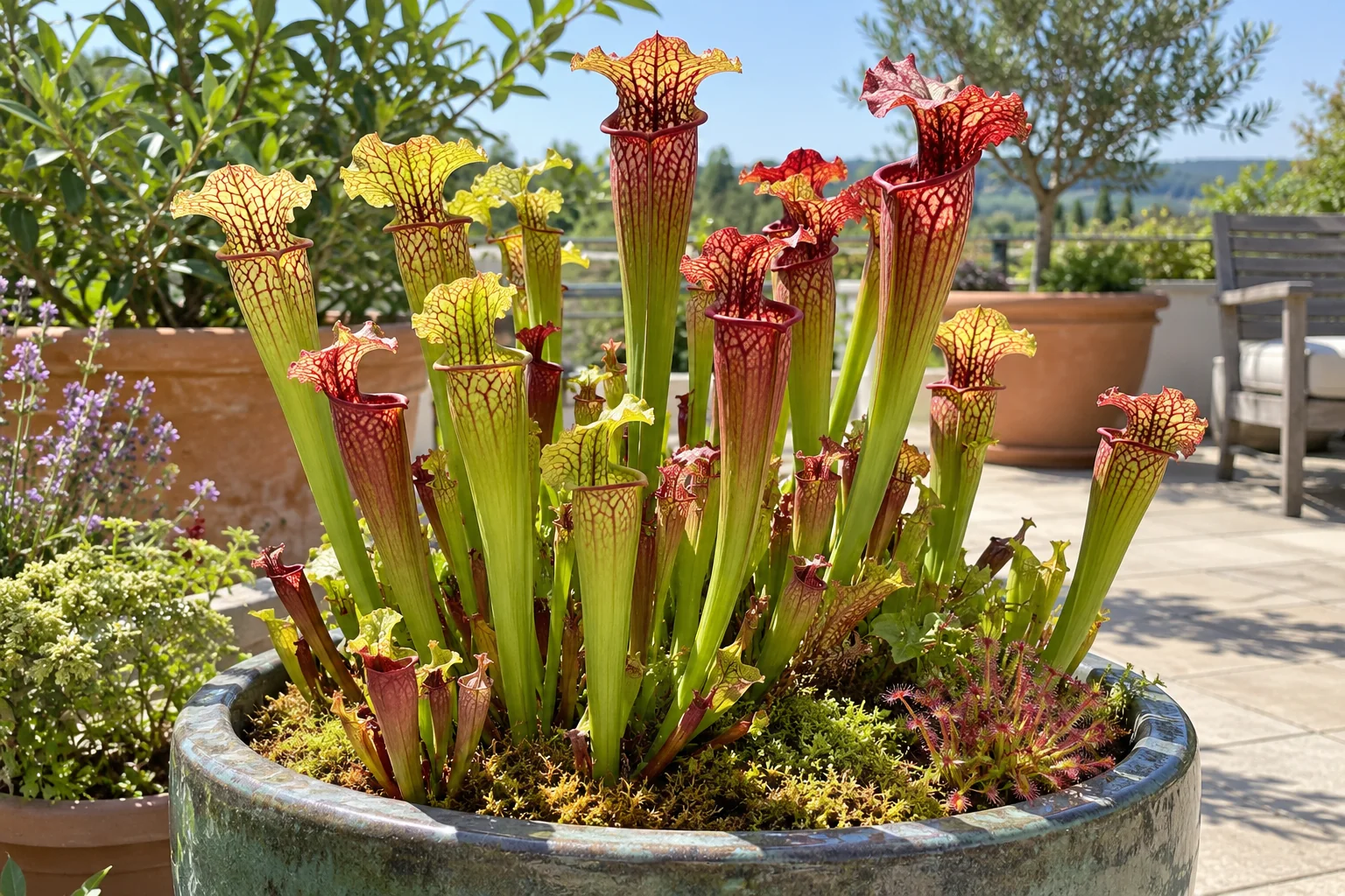 Jarras de Sarracenia al aire libre, con nervaduras rojas por el sol