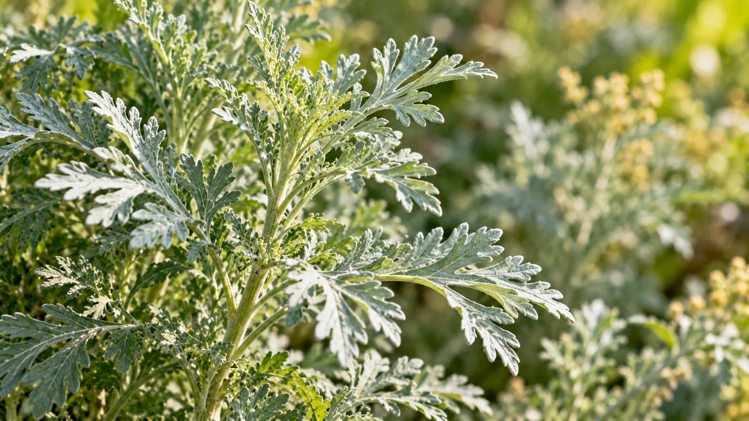 Ajenjo (Artemisia absinthium), las hojas plateadas y aromáticas