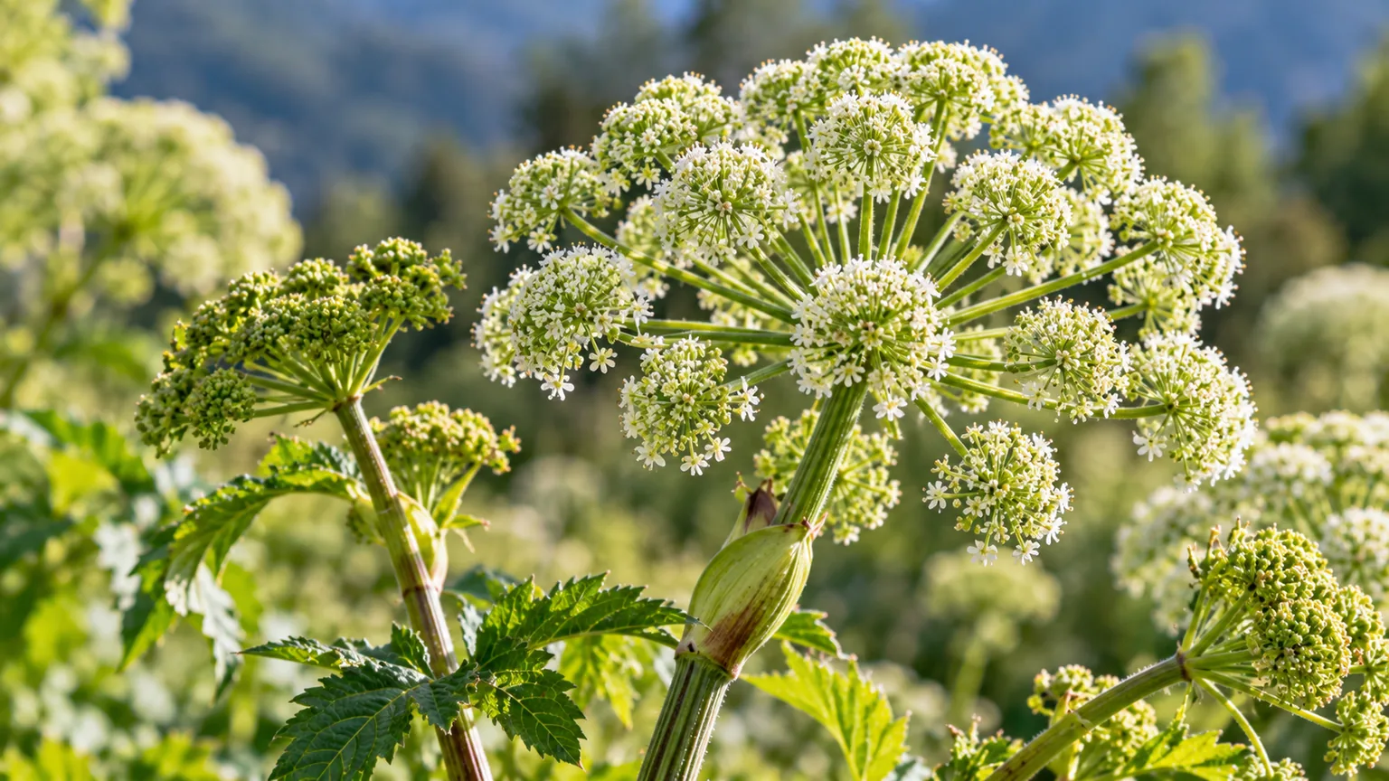 Angélica (Angelica archangelica), la planta alta con su umbela de flores blanco-verdosas