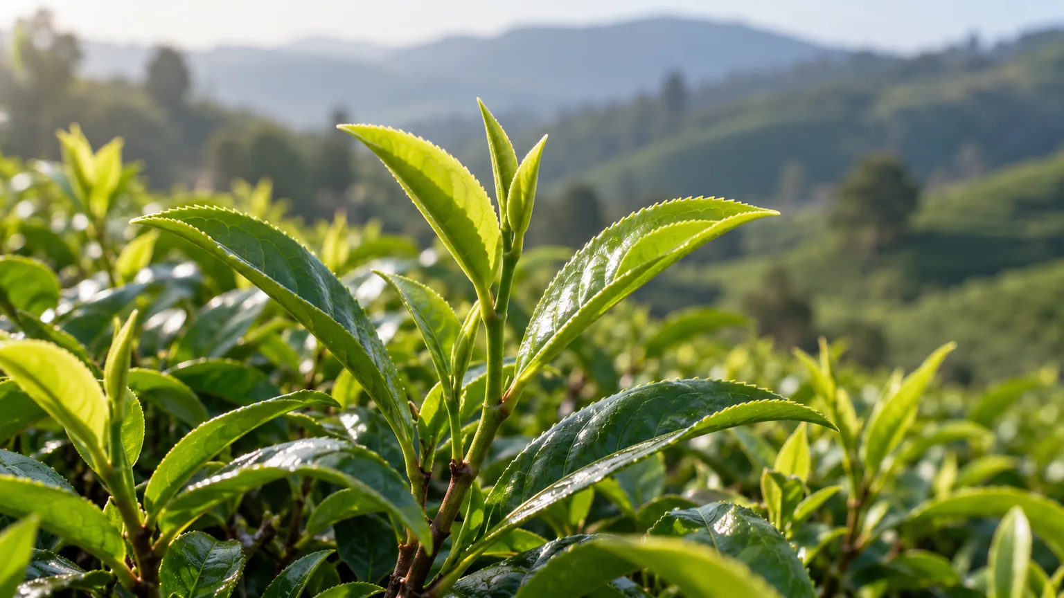 Camellia sinensis (planta del té) (Camellia sinensis), el arbusto con hojas jóvenes brillantes, listas para la cosecha