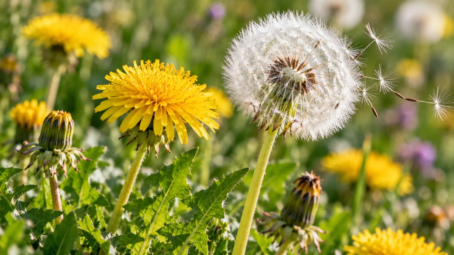 Diente de león (Taraxacum officinale), la flor amarilla y el vilano de semillas
