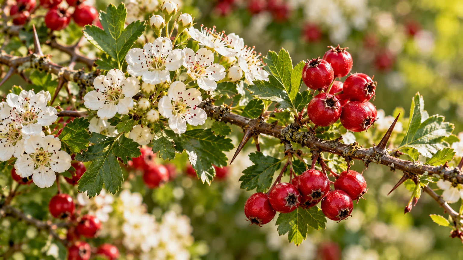 Espino blanco (Crataegus monogyna), las flores blancas y las bayas rojas en rama espinosa