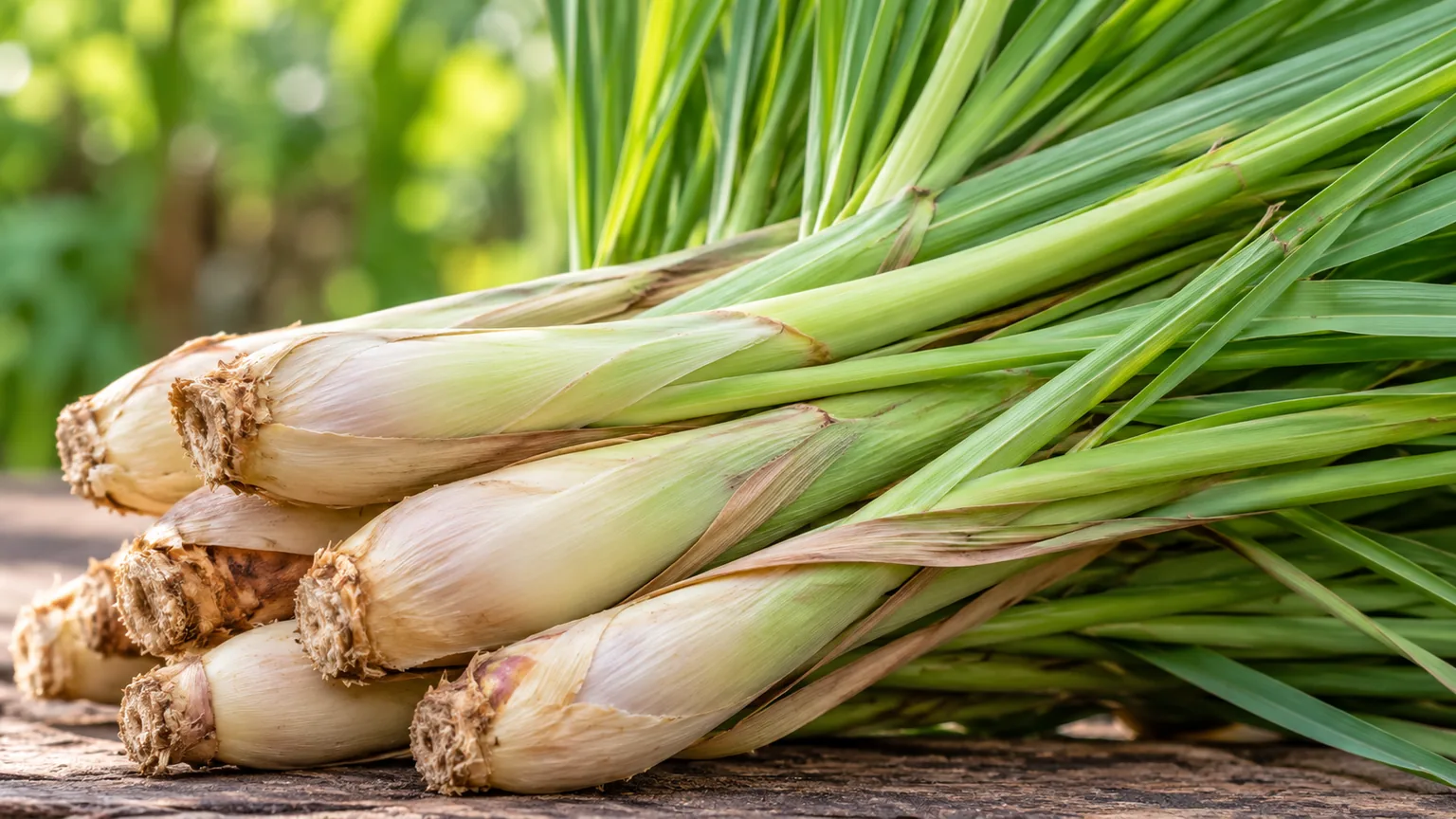 Hierba limón (lemongrass) (Cymbopogon citratus), los tallos fibrosos agrupados