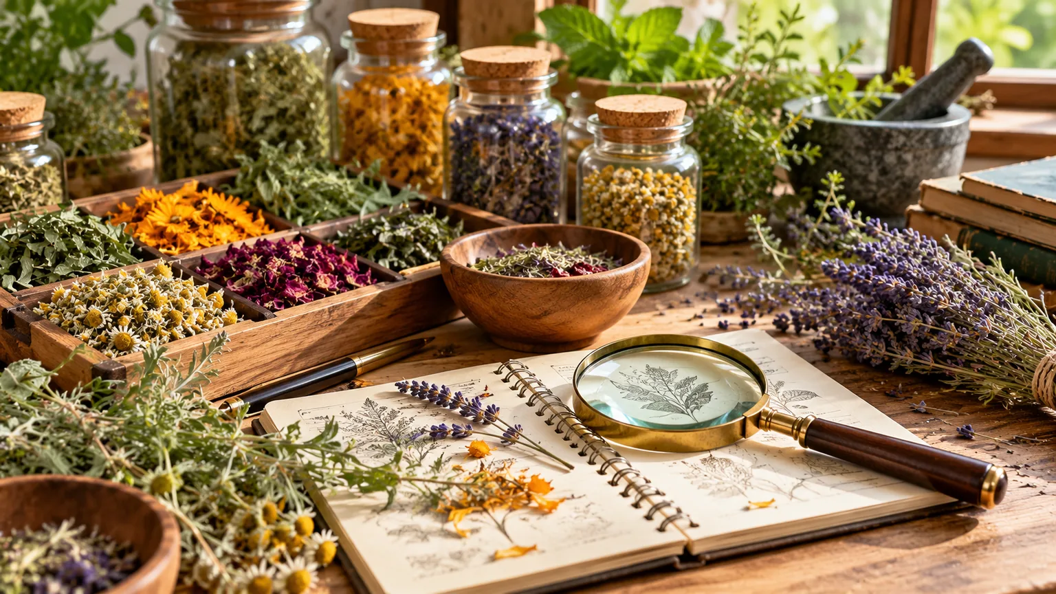 Hierbas medicinales junto a cuaderno de notas, estilo laboratorio