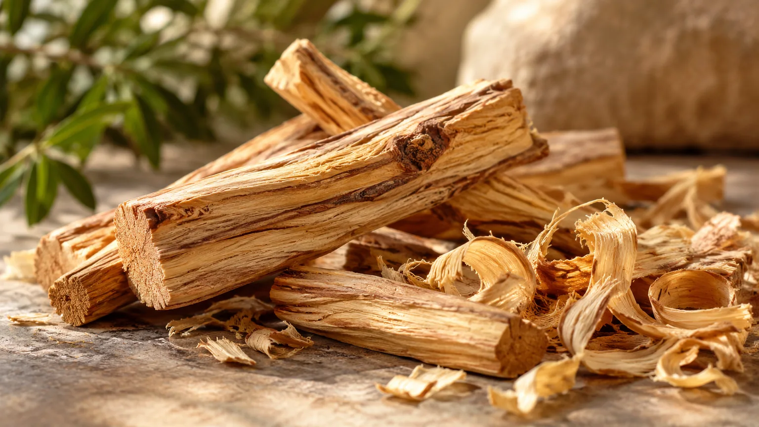 Palo santo (Bursera graveolens), las ramas de madera y virutas