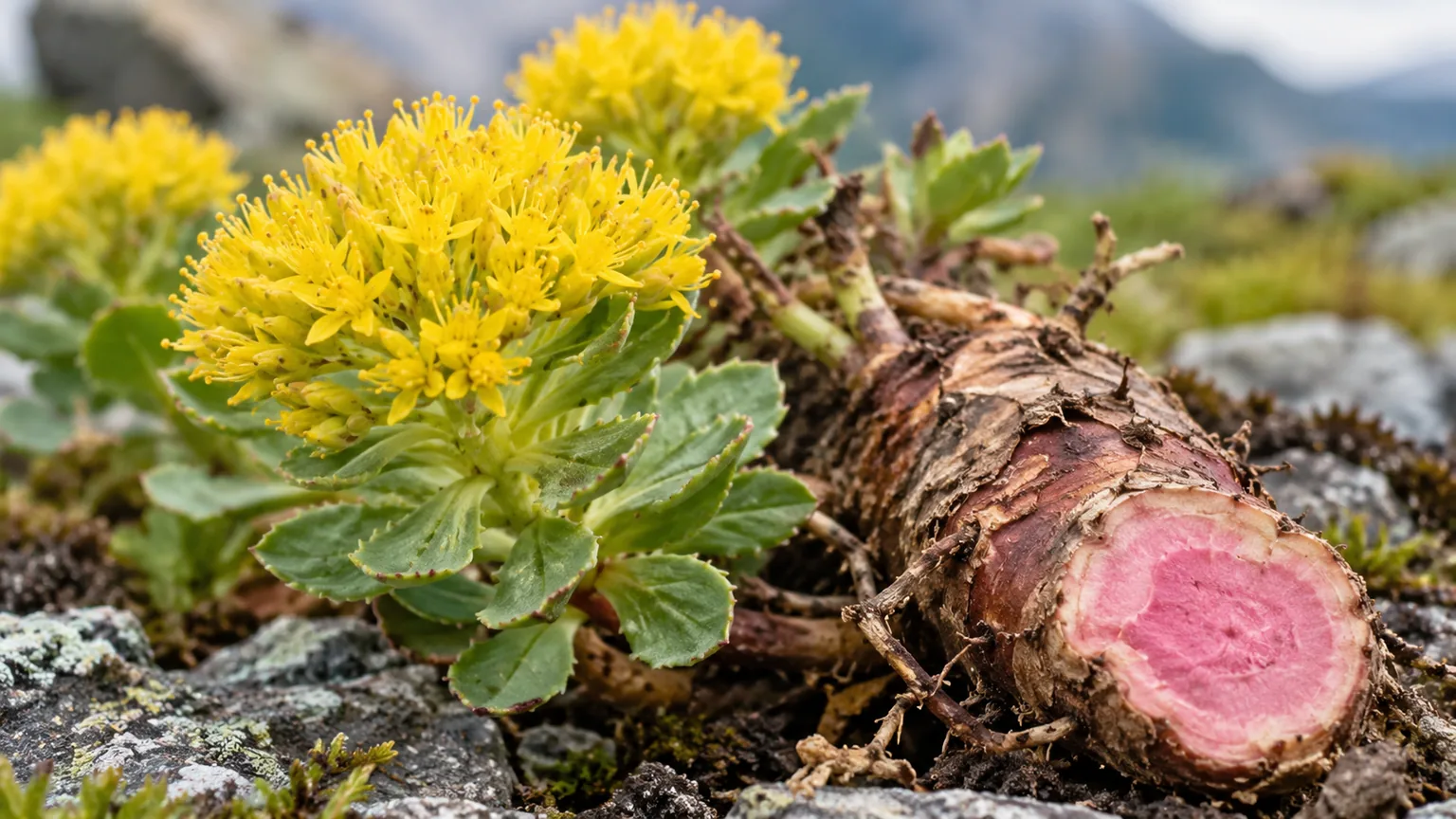 Rhodiola (Rhodiola rosea), la flor amarilla y la raíz de interior rosado