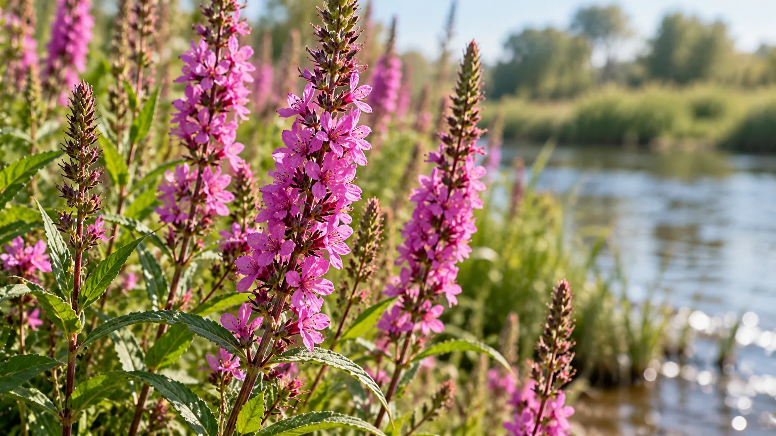 Salicaria (Lythrum salicaria), las espigas de flores rosa-púrpura junto al agua