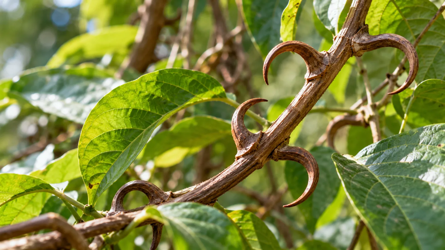 Uña de gato (Uncaria tomentosa), la liana leñosa con sus espinas curvas características