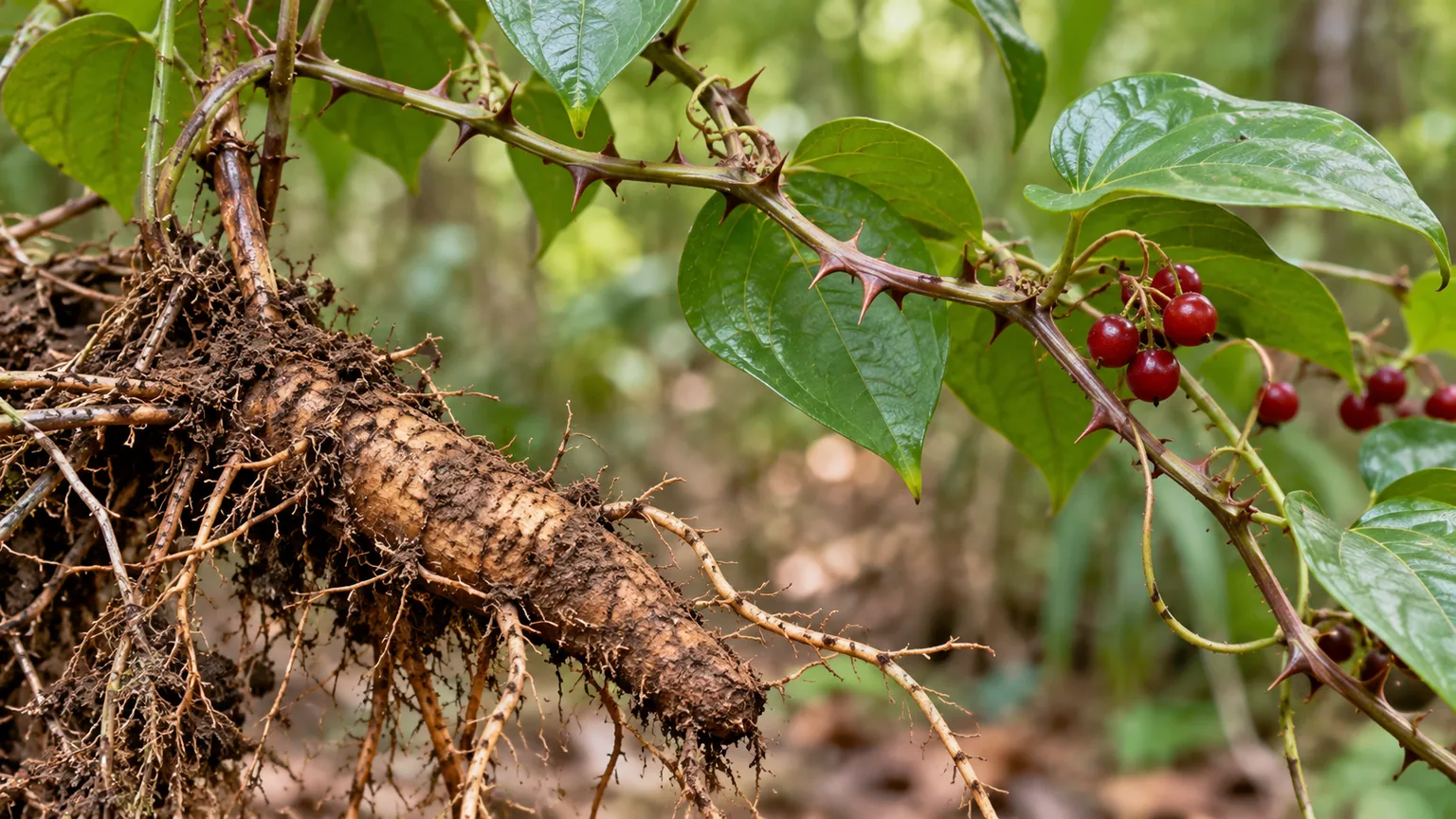 Zarzaparrilla (Smilax ornata), la enredadera con espinas y su raíz