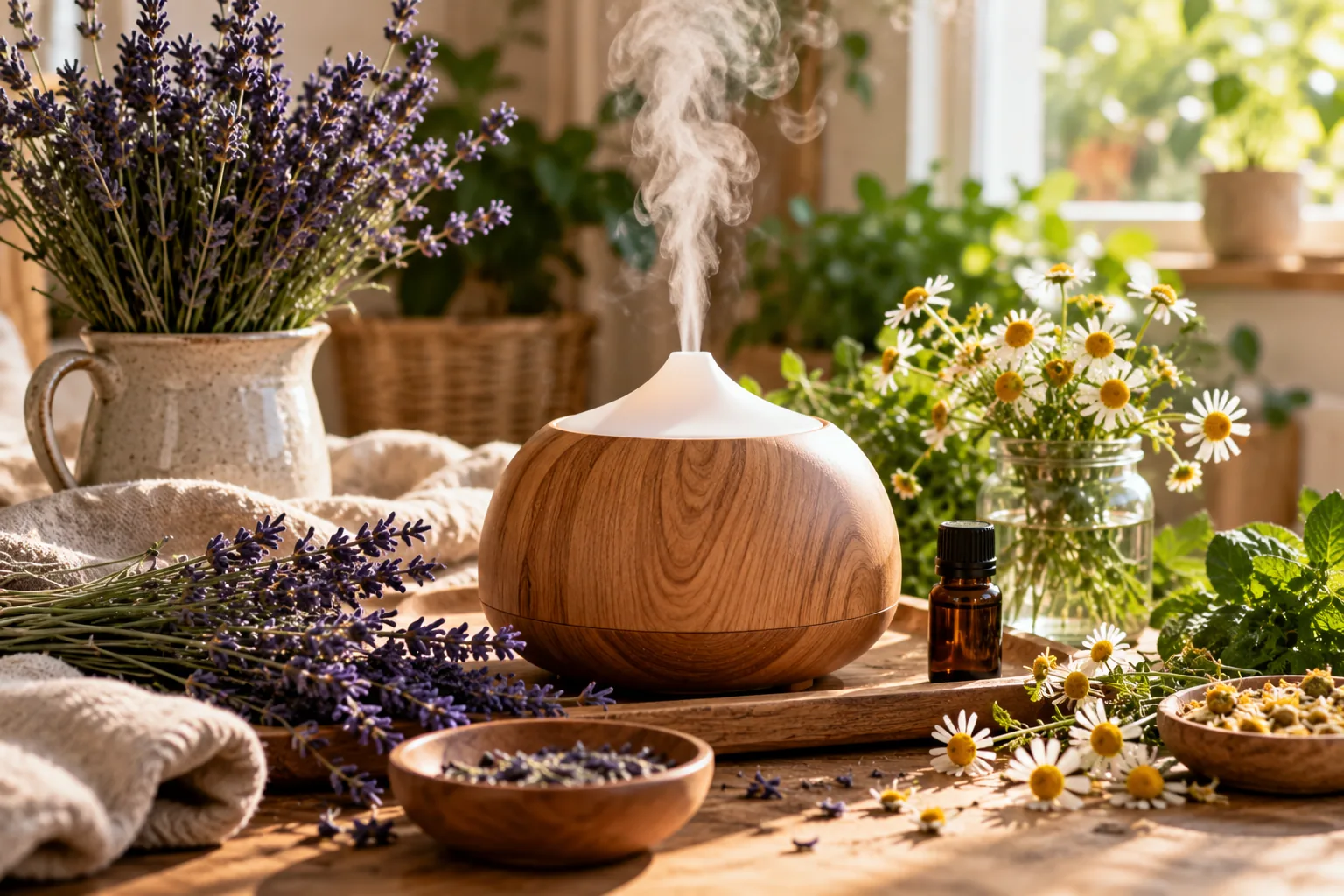 Difusor de aromaterapia junto a hierbas y flores frescas