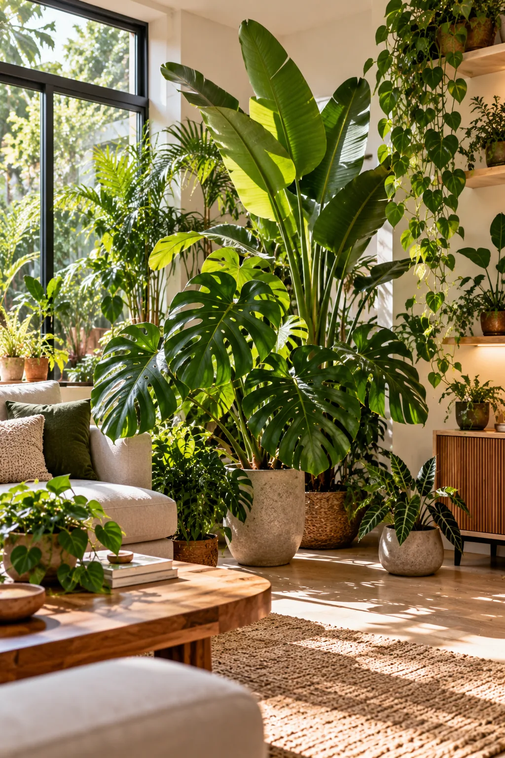 Salón decorado con plantas exóticas de hoja grande