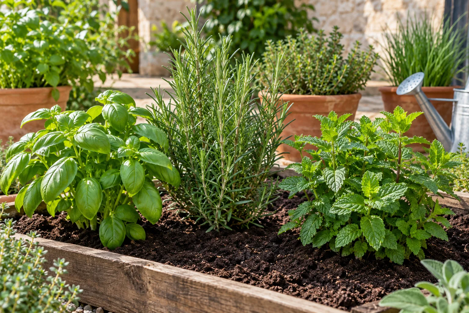 Jardín de hierbas aromáticas recién plantado