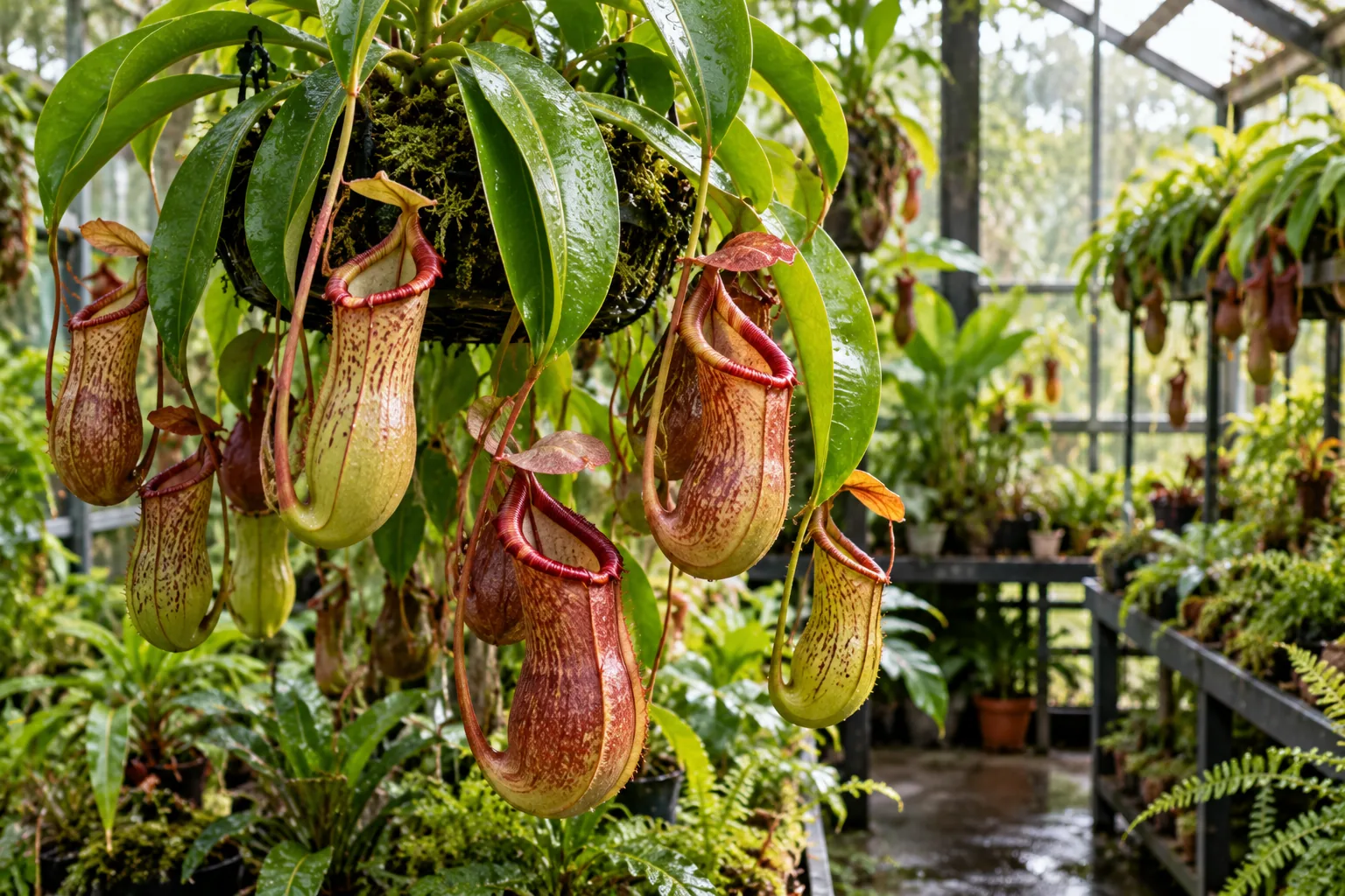 Nepenthes con sus jarras colgantes en un invernadero