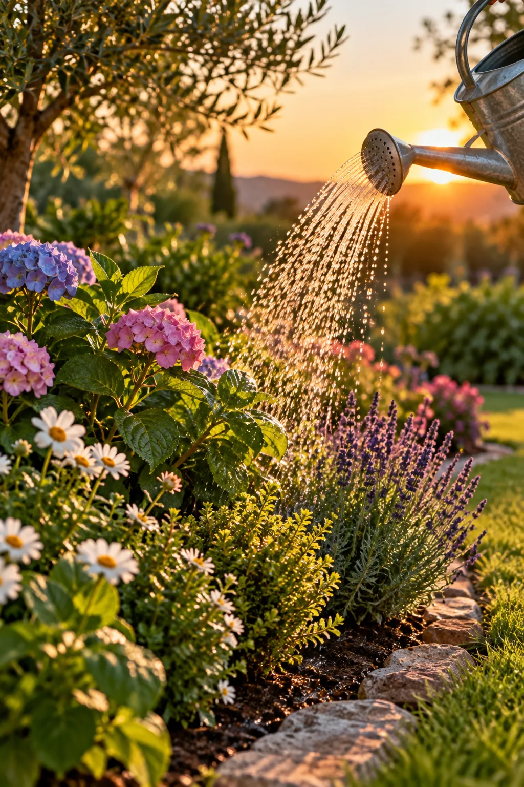 Regadera regando plantas de exterior al atardecer