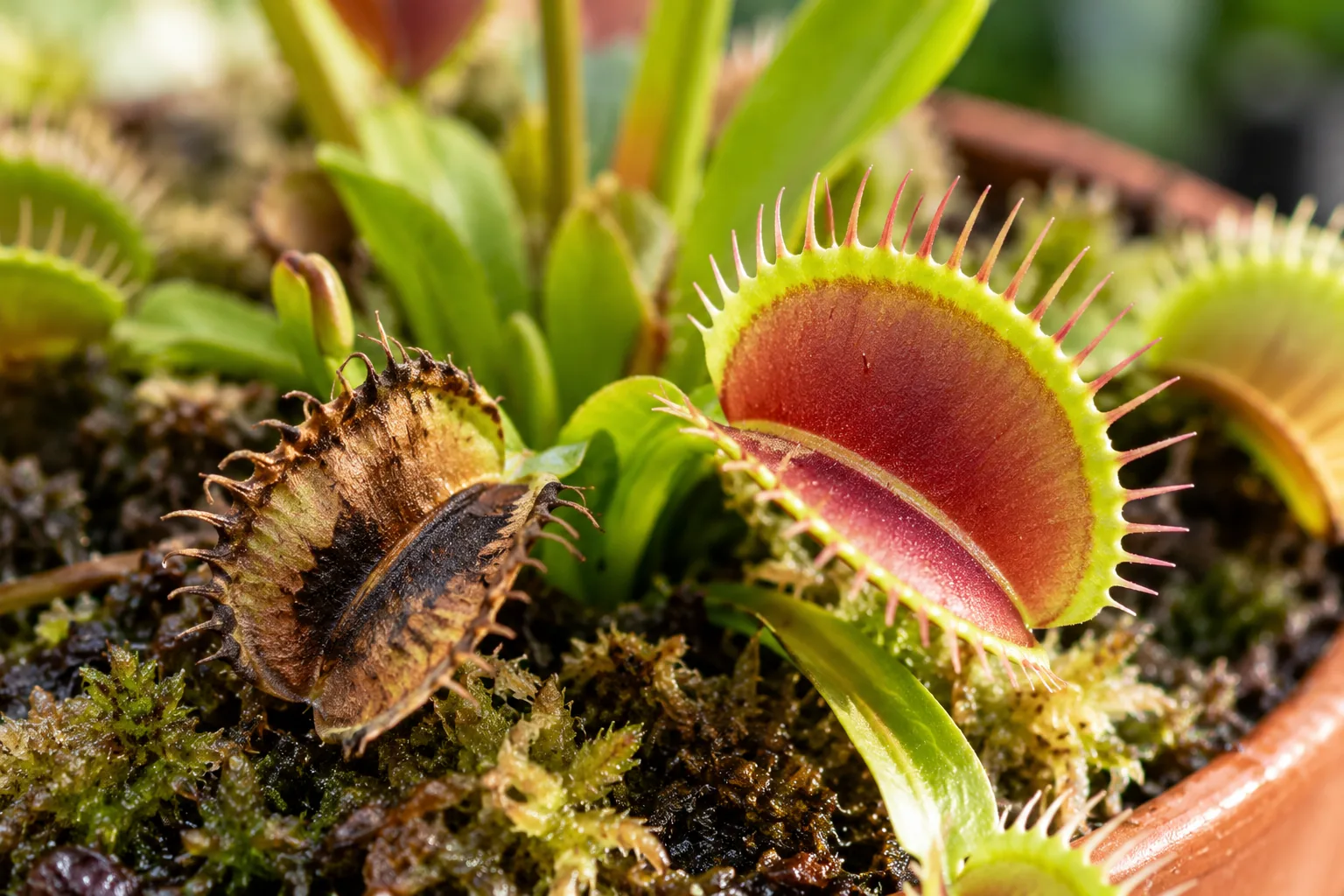 Planta carnívora mostrando una trampa dañada junto a una sana